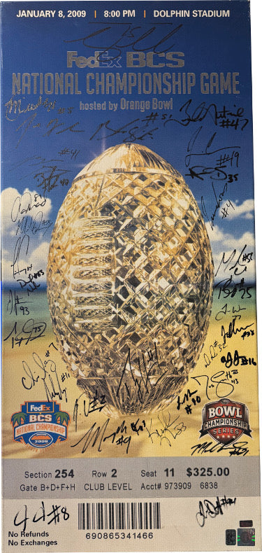2008 Florida Gators National Champions Team Autographed 2009 BCS Stretched Canvas Mega Ticket 34 Sigs Tebow/Palm Beach Holo Tebow-Powers Sports Memorabilia