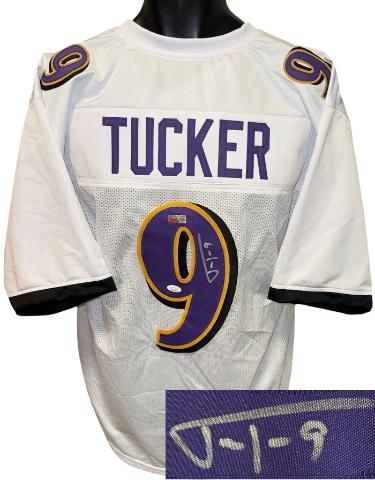 Justin Tucker Autographed Baltimore White Custom Stitched Pro Style Football Jersey #9 XL- JSA Witnessed-Powers Sports Memorabilia