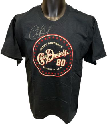 Charlie Daniels Autographed Happy 80th Birthday Black T-Shirt- Size Large- New/Unworn- COA-Powers Sports Memorabilia