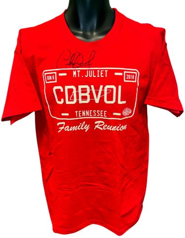 Charlie Daniels Autographed CDB License Plate 2018 Family Reunion Red T-Shirt- Size Large- New/Unworn- COA-Powers Sports Memorabilia