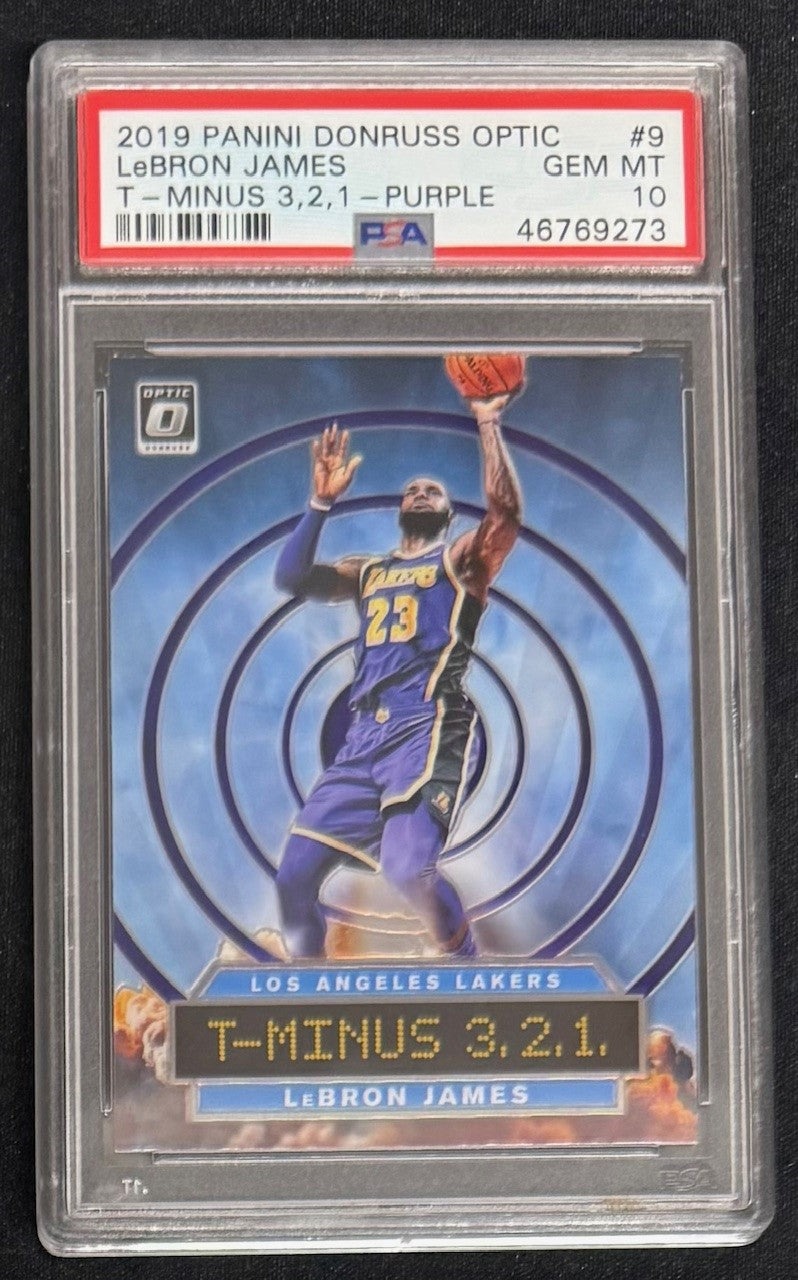 LeBron James 2019 Panini Donruss Optic Basketball Card T Minus 3 2 1 Purple Graded PSA 10 Cert #46769273-Powers Sports Memorabilia