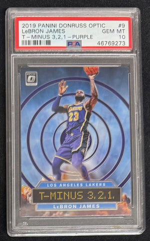 LeBron James 2019 Panini Donruss Optic Basketball Card T Minus 3 2 1 Purple Graded PSA 10 Cert #46769273-Powers Sports Memorabilia