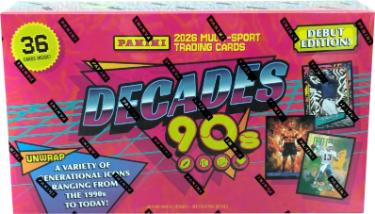 2026 Panini Decades 90s Multi-Sport Trading Card Mega Box Debut Edition- 36 Cards- New/Factory Sealed-Powers Sports Memorabilia
