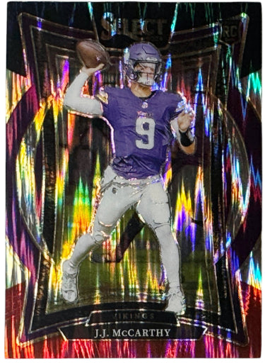 JJ (J.J) McCarthy 2024 Panini Select Concourse Black and Red Prizm Shock RC Card #24 (Minnesota Vikings)-Powers Sports Memorabilia