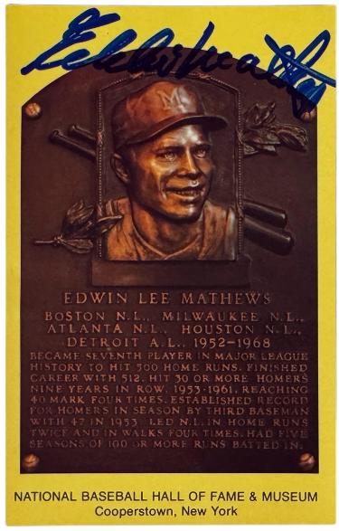 Eddie/Ed Mathews Autographed MLB 3.5x5.5 Hall of Fame Plaque Card - COA Braves/500 HR-Powers Sports Memorabilia