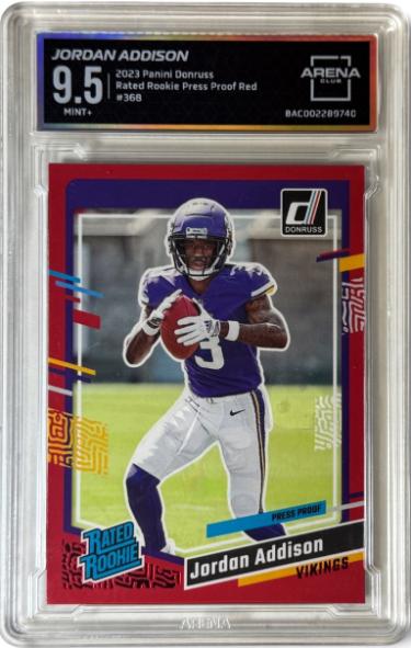 Jordan Addison 2023 Donruss Press Proof Red Rookie Card (RC) #368- Arena Club Graded 9.5 Mint+ (Minnesota Vikings)-Powers Sports Memorabilia