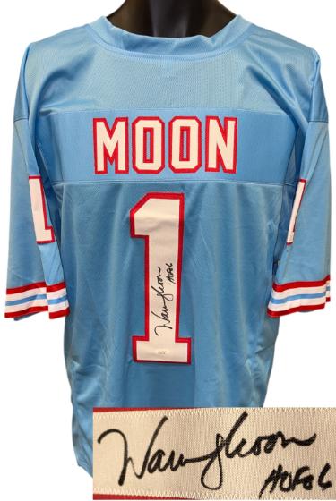 Warren Moon Autographed Houston Blue Custom Stitched Pro Style Football Jersey HOF 06 XL- JSA Witnessed-Powers Sports Memorabilia
