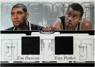 Tim Duncan/Tony Parker 2003-04 Fleer Mystique Game-Worn Jersey Card #AP-TD/TR (San Antonio Spurs/HOF)-Powers Sports Memorabilia
