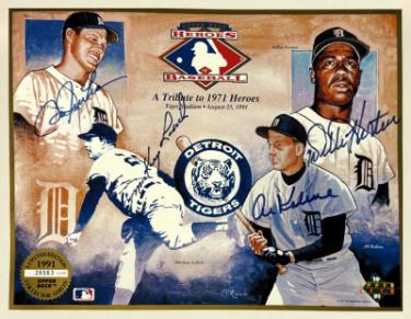 Detroit Tigers Autographed 1991 Upper Deck Heroes MLB 1971 Tribute 8.5x11 4 SIGS- COA (Al Kaline/Willie Horton/Lolich/Freeman)-Powers Sports Memorabilia