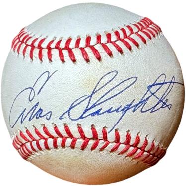 Enos Slaughter Autographed RONL Official National League Baseball imperfect- COA (St. Louis Cardinals/HOF)-Powers Sports Memorabilia