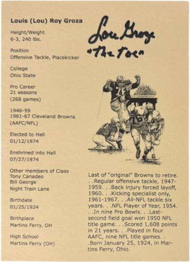 Lou Groza Autographed 1974 HOF 5X7 Stat Photo Card w/ The Toe- COA (Cleveland Browns)-Powers Sports Memorabilia