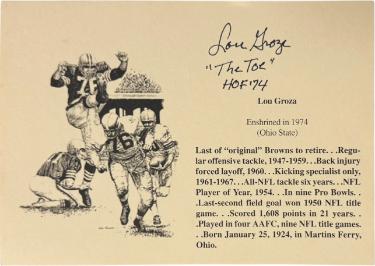 Lou Groza Autographed 1974 5X7 Bio Photo Card w/ The Toe/HOF 74- COA (Cleveland Browns/Ohio State Buckeyes)-Powers Sports Memorabilia