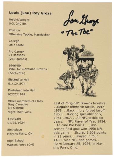 Lou Groza Autographed 1974 HOF 5X7 Stat Photo Card w/ The Toe imperfect- COA (Cleveland Browns)-Powers Sports Memorabilia