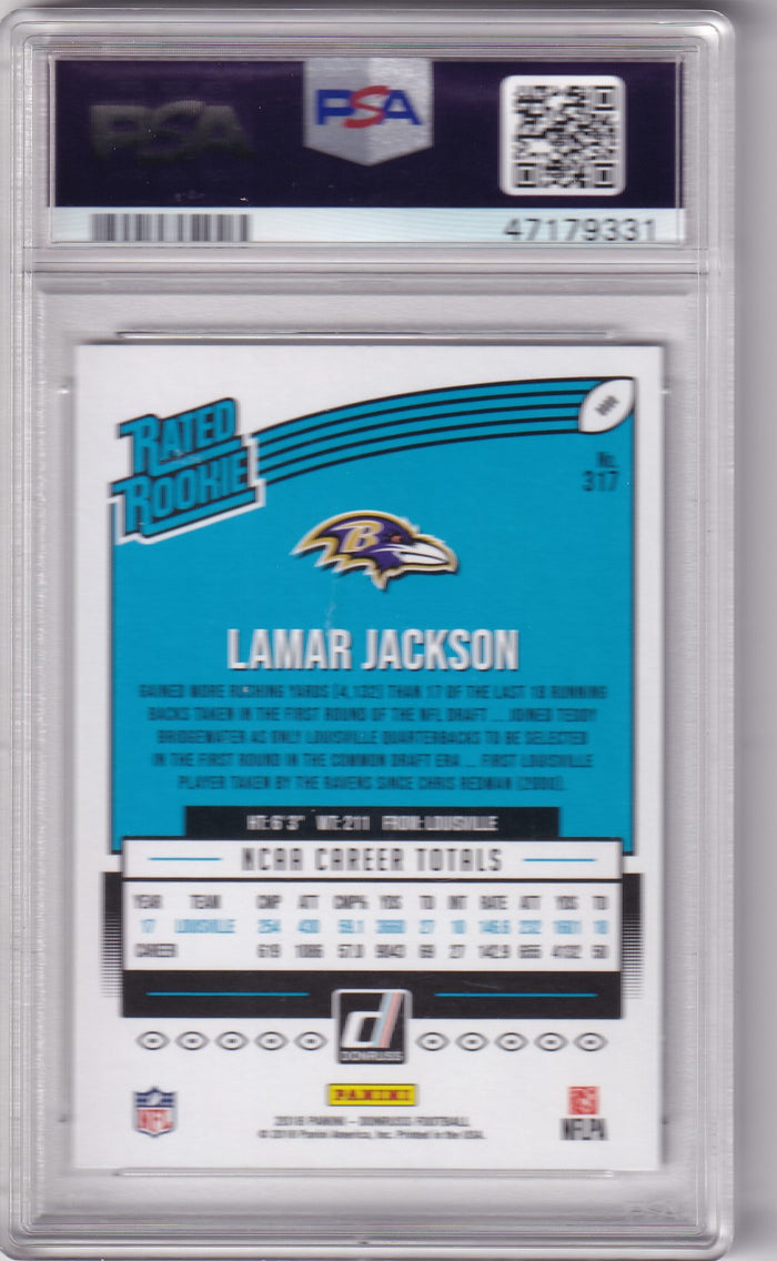 Lamar Jackson 2018 Panini Donruss Rookie Card #317 PSA 9-Powers Sports Memorabilia