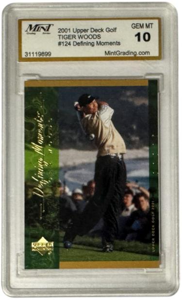 Tiger Woods 2001 Upper Deck Golf Defining Moments RC Card #124- Mint Graded 10 Gem Mint-Powers Sports Memorabilia