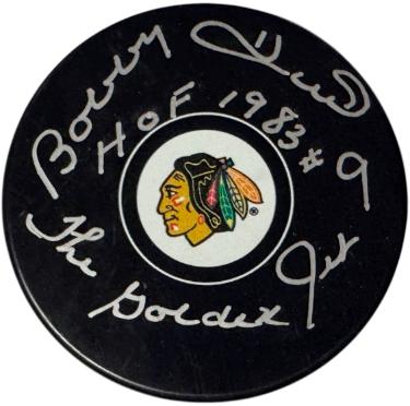 Bobby Hull Autographed NHL Chicago Blackhawks Logo Puck dual HOF/Golden Jet #9 - PSA-Powers Sports Memorabilia