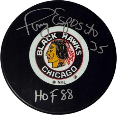 Tony Esposito Autographed NHL Chicago Blackhawks Logo Puck #35 & HOF 88- PSA #7A41536-Powers Sports Memorabilia