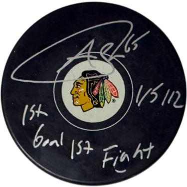 Andrew Shaw Autographed NHL Chicago Blackhawks Puck 1st Goal & 1st Fight 1/5/12- COA-Powers Sports Memorabilia