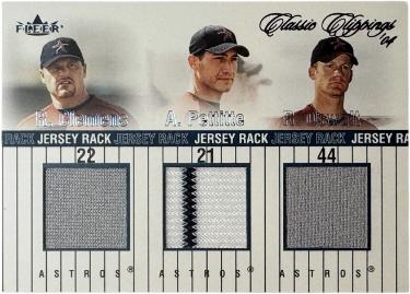 Roger Clemens/Andy Pettitte/Roy Oswalt 2004 Fleer Classic Clippings Triple Game-Worn Jersey Rack Card # JR-C/P/O- /225 (Houston Astros)-Powers Sports Memorabilia