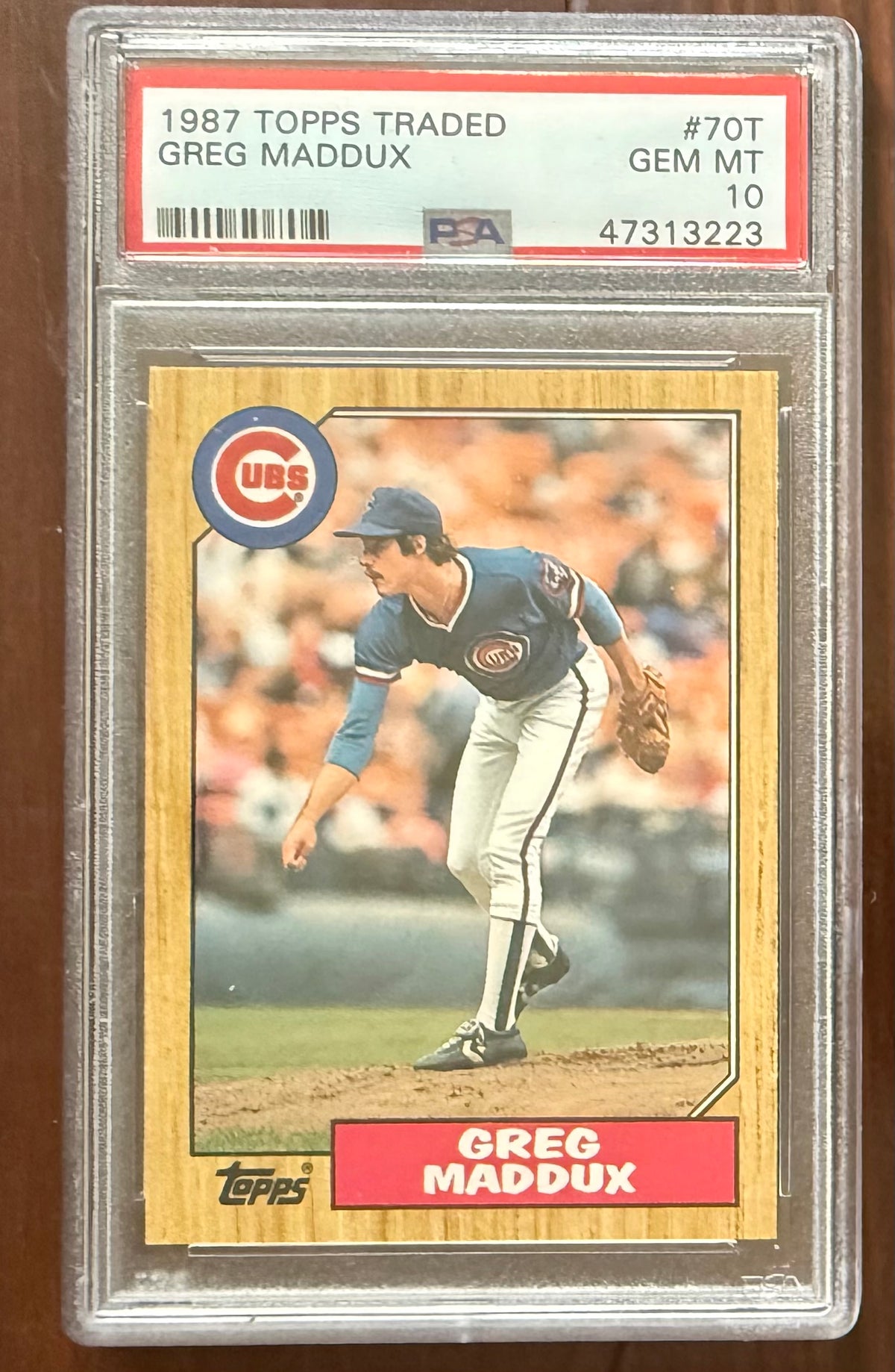 Greg Maddux 1987 Topps Traded Chicago Cubs Baseball Rookie Card RC #70T Graded PSA 10 Cert #47313223-Powers Sports Memorabilia