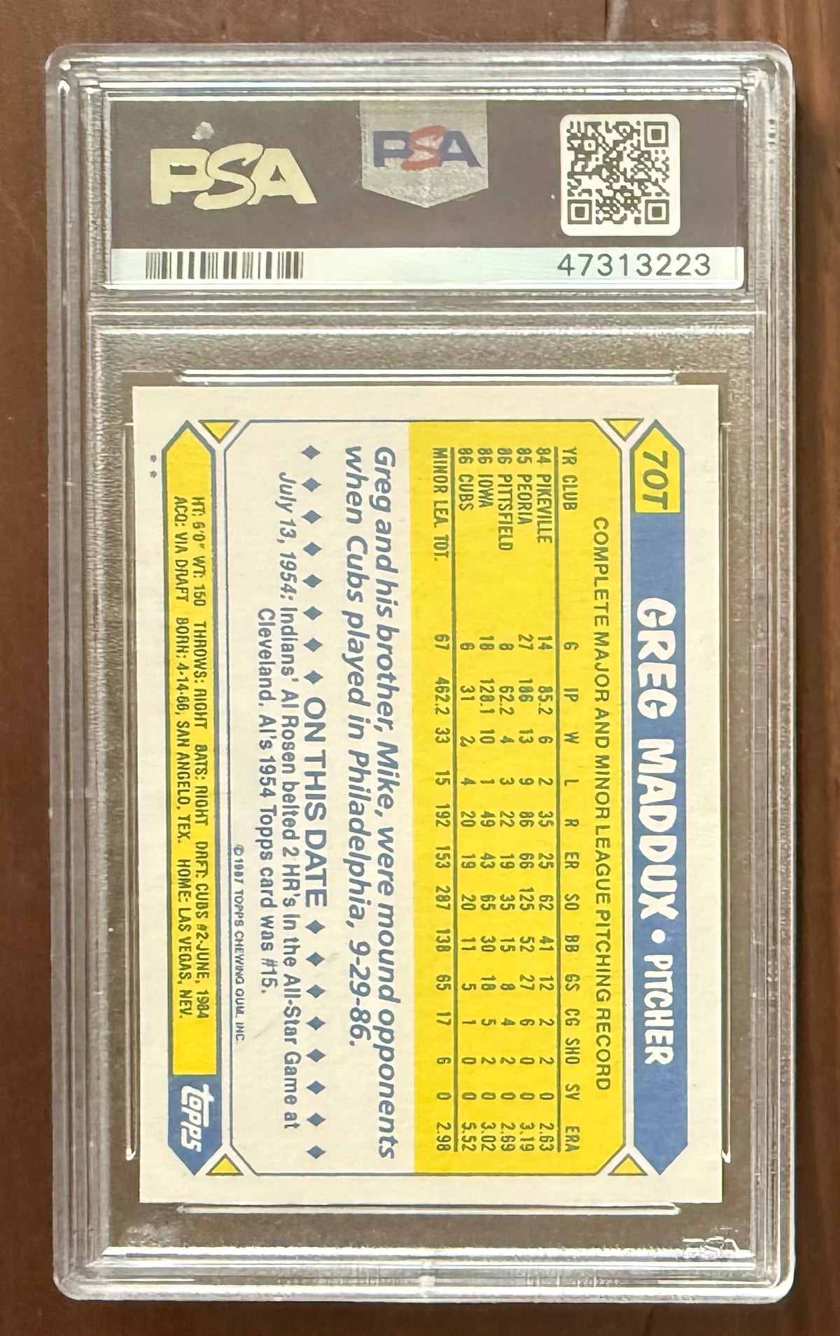 Greg Maddux 1987 Topps Traded Chicago Cubs Baseball Rookie Card RC #70T Graded PSA 10 Cert #47313223-Powers Sports Memorabilia