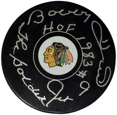 Bobby Hull NHL Chicago Blackhawks Logo Puck dual HOF/Golden Jet #9 - COA - Autographed-Powers Sports Memorabilia