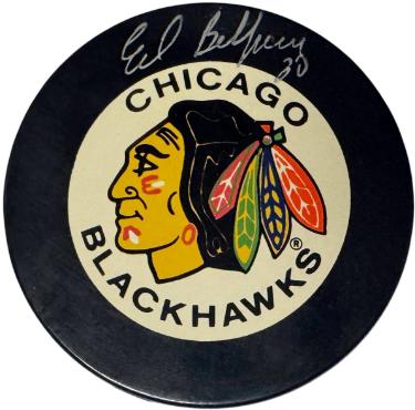 Ed Belfour NHL Chicago Blackhawks Logo Official Game Puck #20 - COA (HOF) - Autographed-Powers Sports Memorabilia