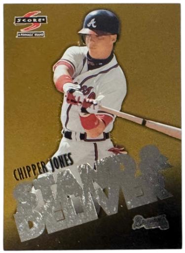 Chipper Jones 1997 Score Pinnacle Stand & Deliver Gold Foil/Silver Letters Card #3 (Atlanta Braves) - Collectible-Powers Sports Memorabilia