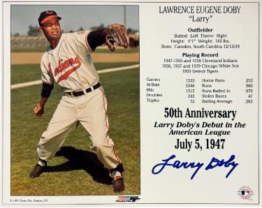 Larry Doby Autographed Cleveland MLB Licensed 50th Anniversary Debut in the American League July 5, 1947 8 x 10 Photograph/Card- COA-Powers Sports Memorabilia