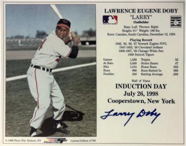 Larry Doby Autographed Cleveland MLB Licensed Hall of Fame Induction July 26, 1998 8 x 10 Photograph/Card- COA/Ticket (HOF) - CTBL_047536-Powers Sports Memorabilia
