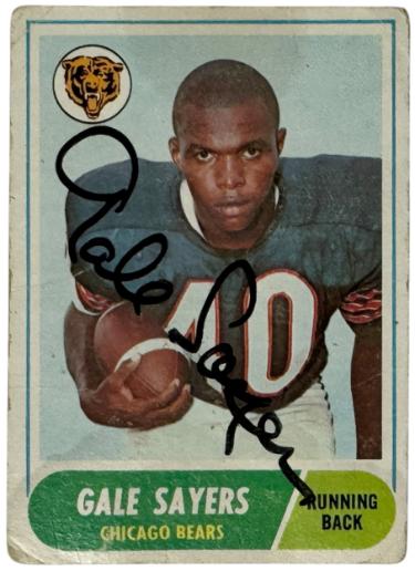 Gale Sayers Autographed 1968 Topps On Card Auto #75 imperfect- COA (Chicago Bears/HOF)-Powers Sports Memorabilia