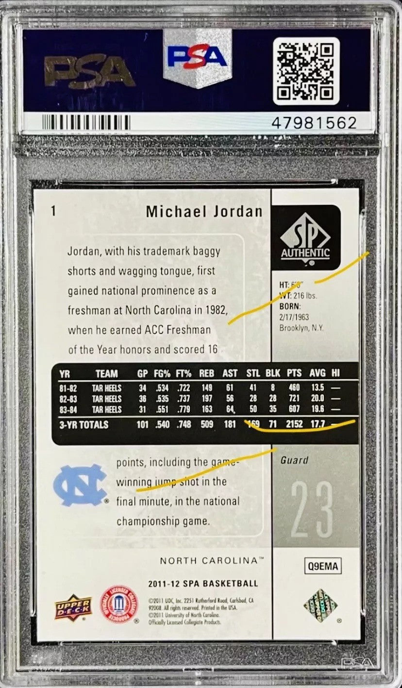 Michael Jordan 2011 Upper Deck SP Authentic Basketball Card #1 Graded PSA 10-Powers Sports Memorabilia