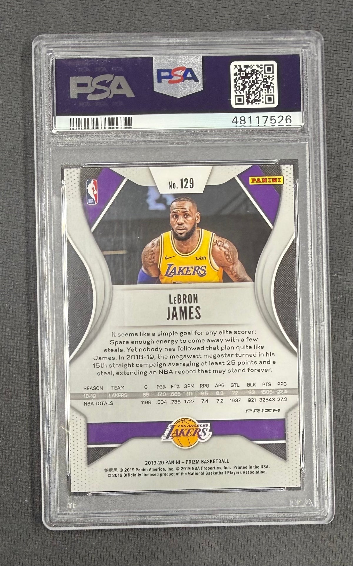 LeBron James 2019 Panini Prizm Silver Los Angeles Lakers Basketball Card #129 Graded PSA 10 Cert #48117526-Powers Sports Memorabilia