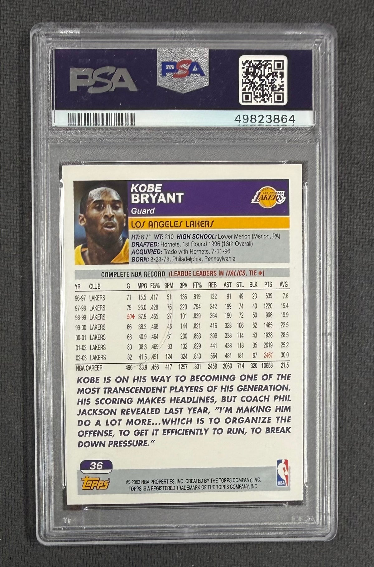 Kobe Bryant 2003 Topps Los Angeles Lakers Card #36 PSA 8