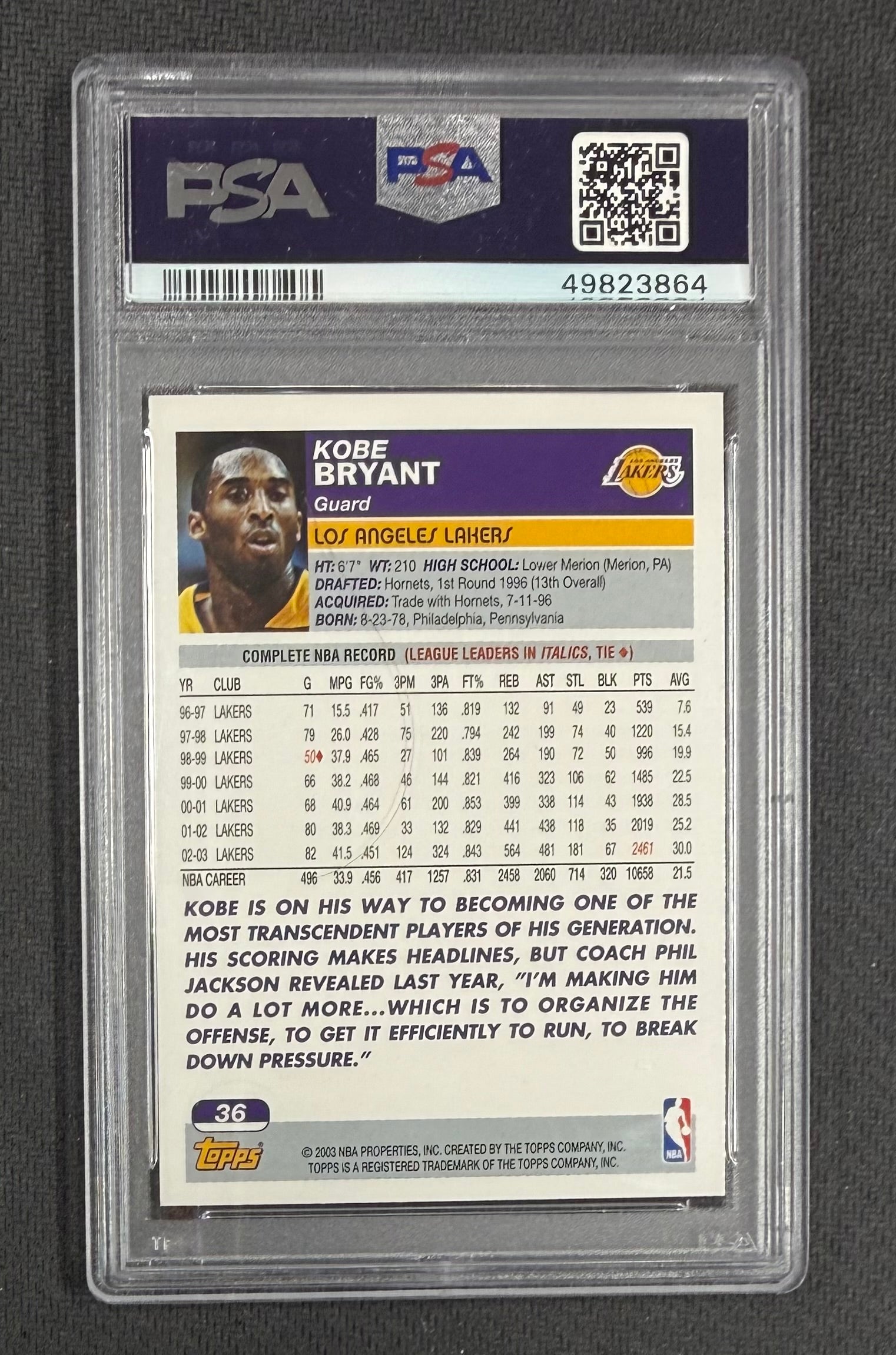 Kobe Bryant 2003 Topps Los Angeles Lakers Card #36 PSA 8-Powers Sports Memorabilia