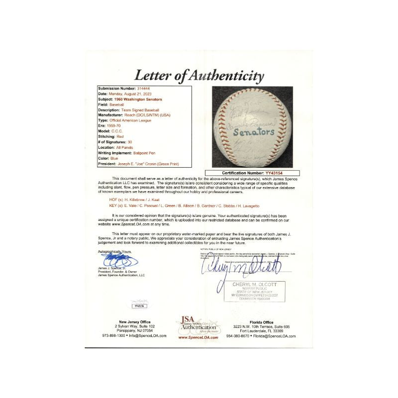 Killebrew, Kaat, Valo 1960 Washington Senators Team Signed Signed OAL Baseball (JSA LOA)-Powers Sports Memorabilia