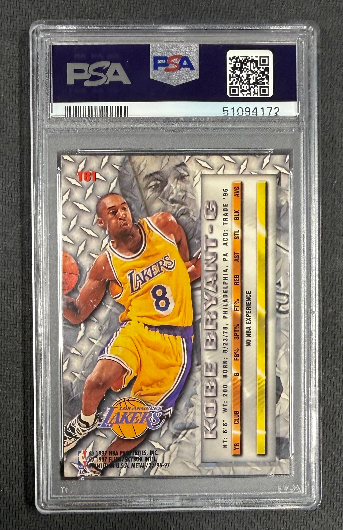 Kobe Bryant 1996 Fleer Metal Lakers Rookie Card #181 PSA 7
