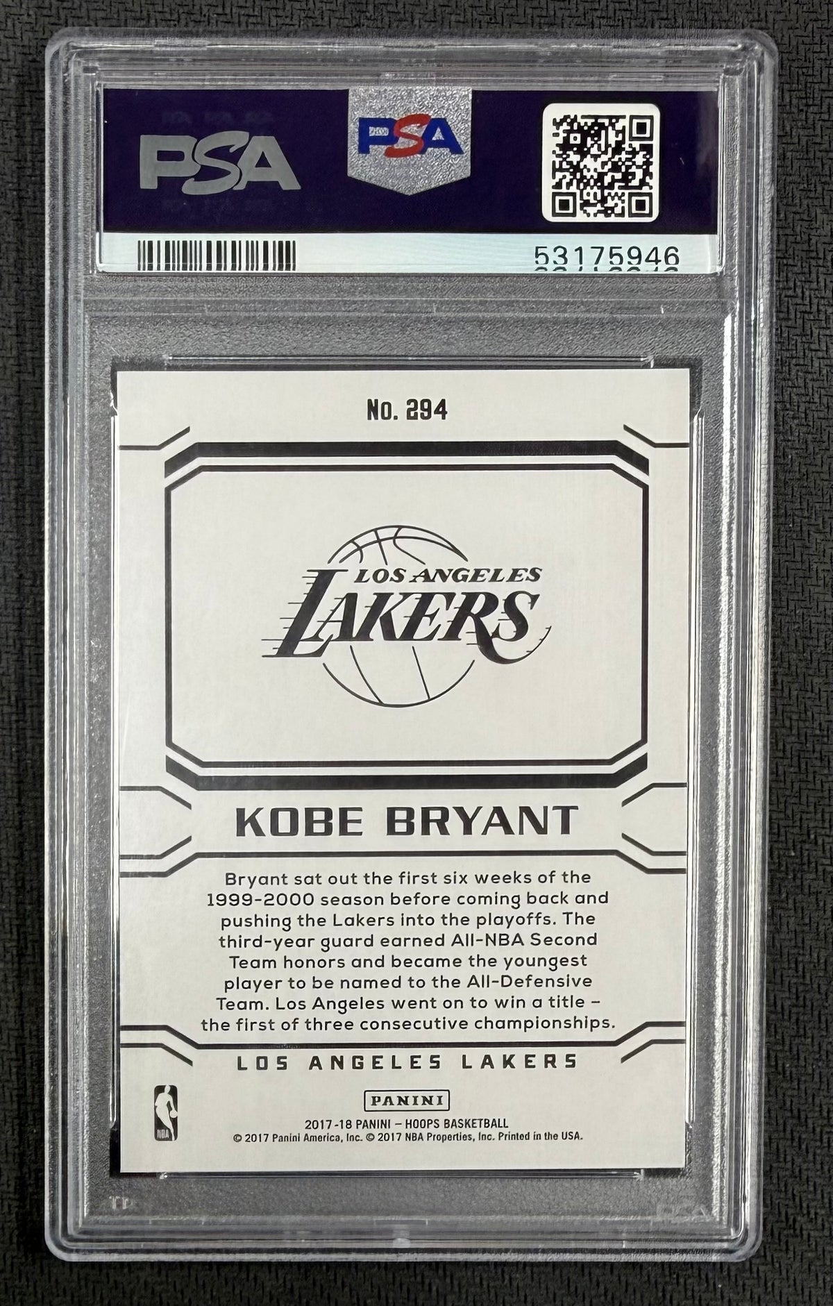 Kobe Bryant 2017 Panini Hoops Lakers Card #294 PSA 10-Powers Sports Memorabilia