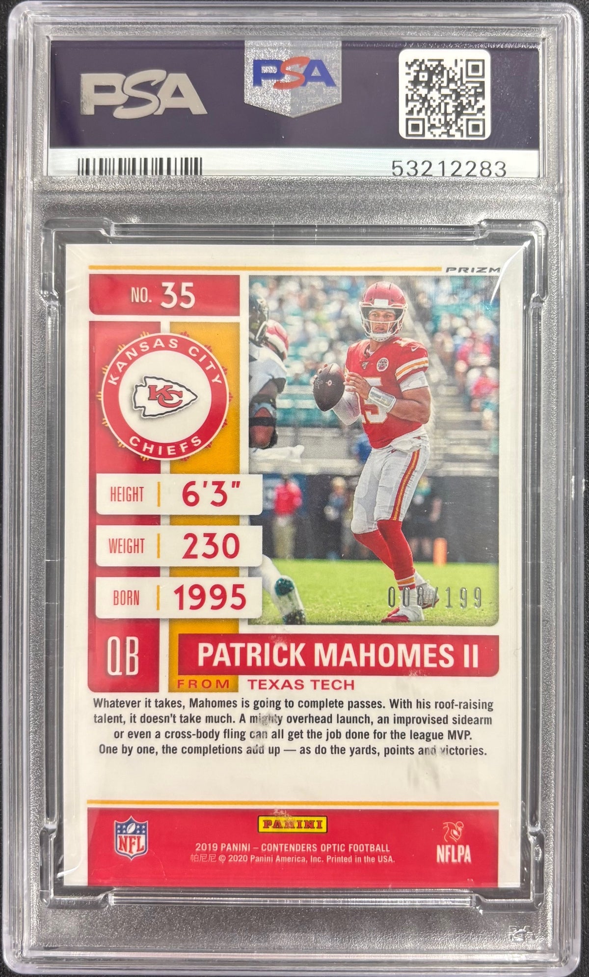 Patrick Mahomes II 2019 Panini Contenders Optic Red Kansas City Chiefs Football Card #35 Graded PSA 10 Cert #53212283 8/199-Powers Sports Memorabilia