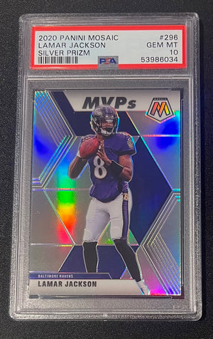 Lamar Jackson 2020 Panini Mosaic Silver Prizm Football Card #296 Graded PSA 10-Powers Sports Memorabilia