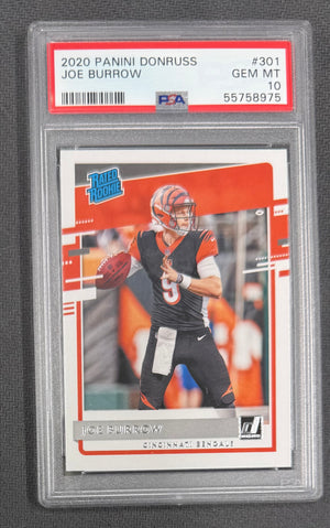 Joe Burrow 2020 Panini Donruss Rated Rookie Cincinnati Bengals Football RC Card #301 Graded PSA 10 Cert #55758975