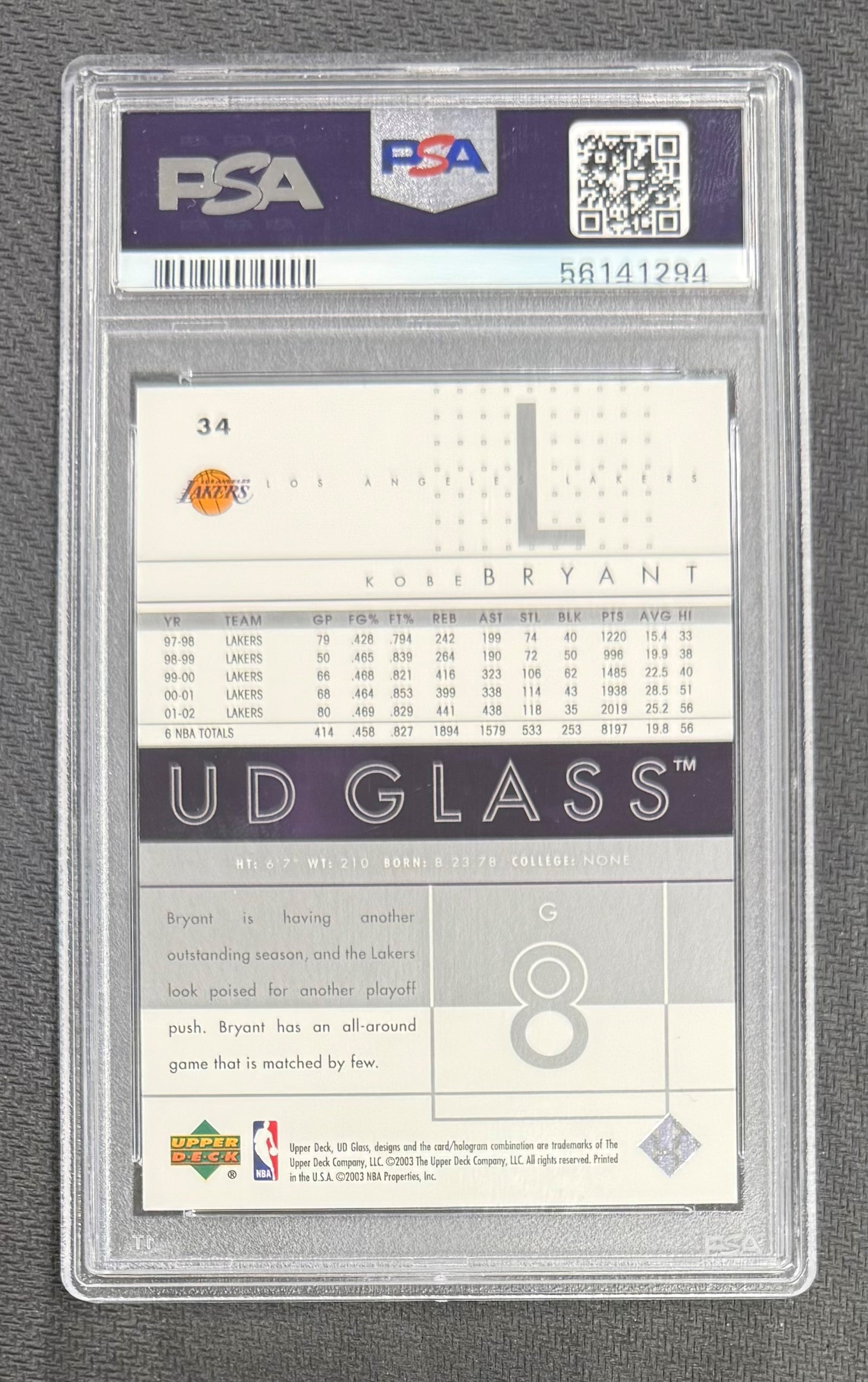 Kobe Bryant 2002 Upper Deck Glass Basketball Card #34 Graded PSA 10 Cert #56141294-Powers Sports Memorabilia