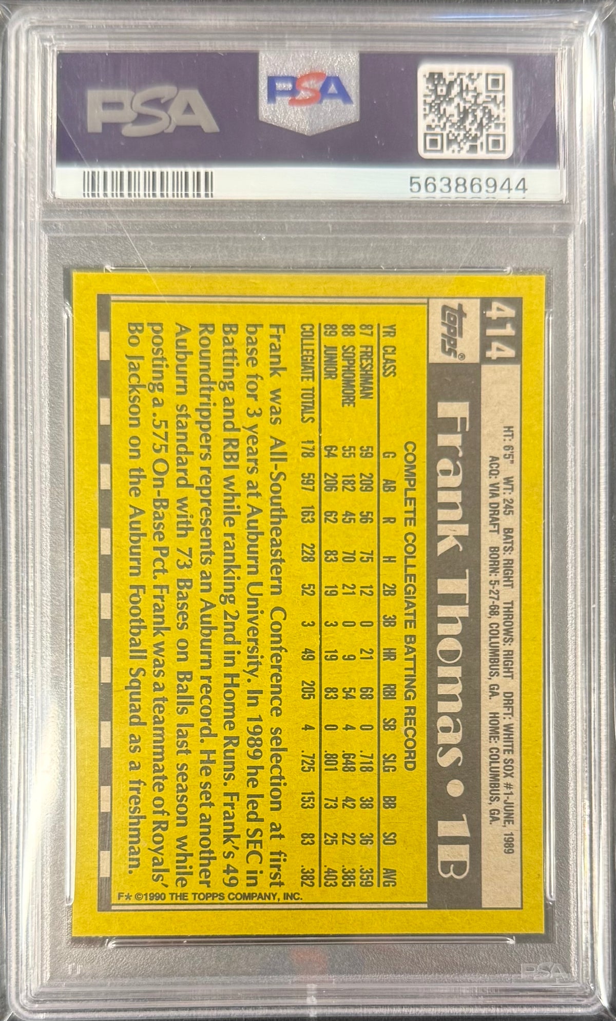 Frank Thomas 1990 Topps Name on Front Rookie Card #414 PSA 9
