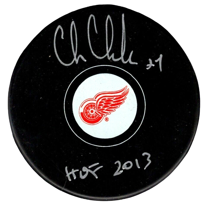 Chris Chelios Signed Detroit Red Wings Puck w/ HOF 2013 Beckett Witness Authenticated-Powers Sports Memorabilia