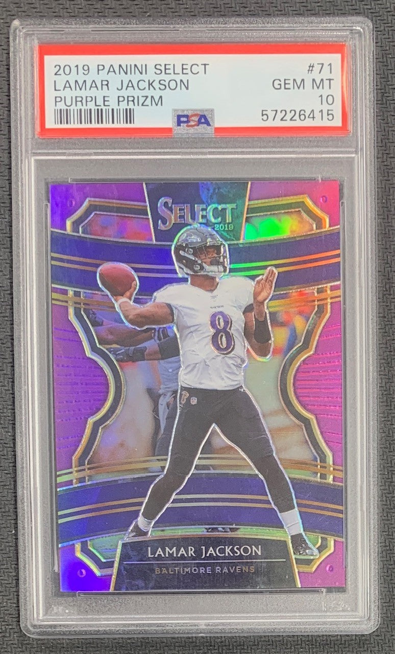 Lamar Jackson 2019 Panini Select Purple Prizm Football Card #71 Graded PSA 10 51/75-Powers Sports Memorabilia