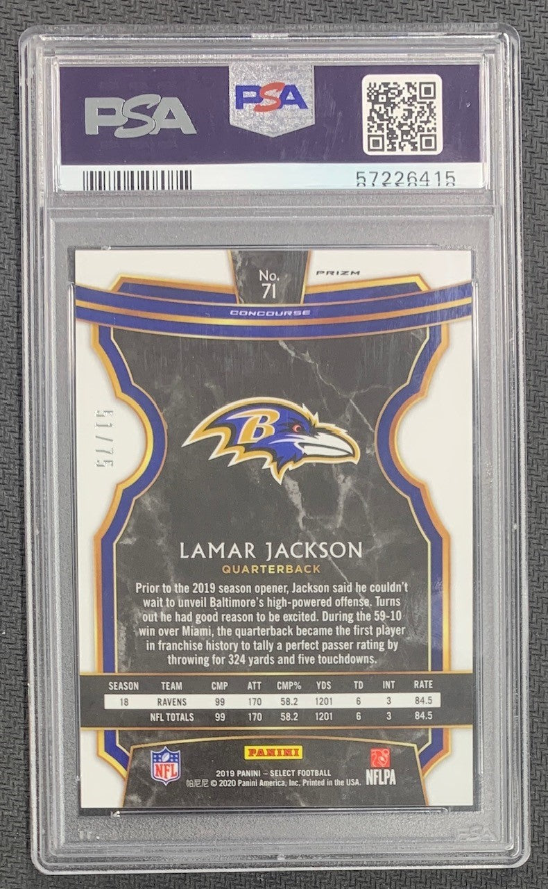 Lamar Jackson 2019 Panini Select Purple Prizm Football Card #71 Graded PSA 10 51/75-Powers Sports Memorabilia
