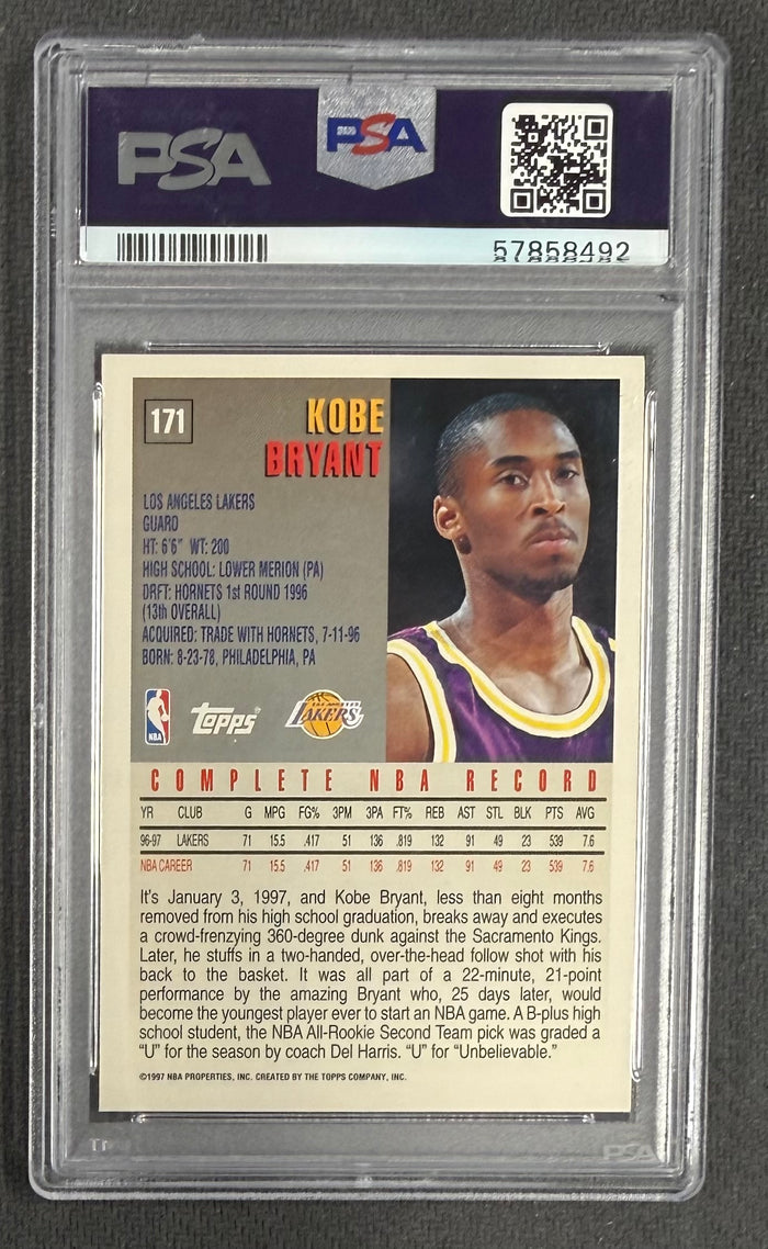 Kobe Bryant 1997 Topps Los Angeles Lakers Basketball Card #171 Graded PSA 8 Cert #57858492-Powers Sports Memorabilia
