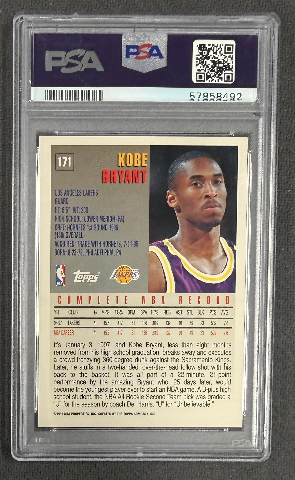 Kobe Bryant 1997 Topps Los Angeles Lakers Basketball Card #171 Graded PSA 8 Cert #57858492-Powers Sports Memorabilia
