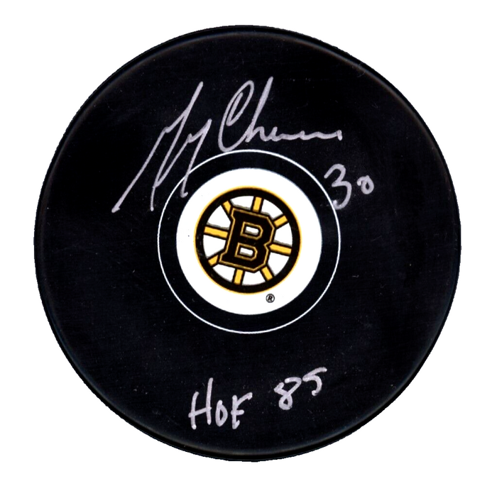Gerry Cheevers Signed Boston Bruins Logo Puck w/ HOF 85 JSA Authenticated-Powers Sports Memorabilia