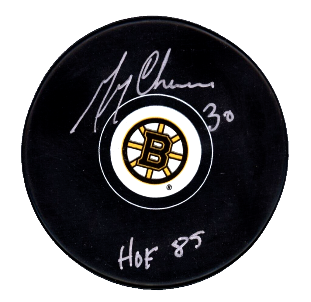 Gerry Cheevers Signed Autographed Boston Bruins Logo Puck w/ HOF 85 JSA COA-Powers Sports Memorabilia